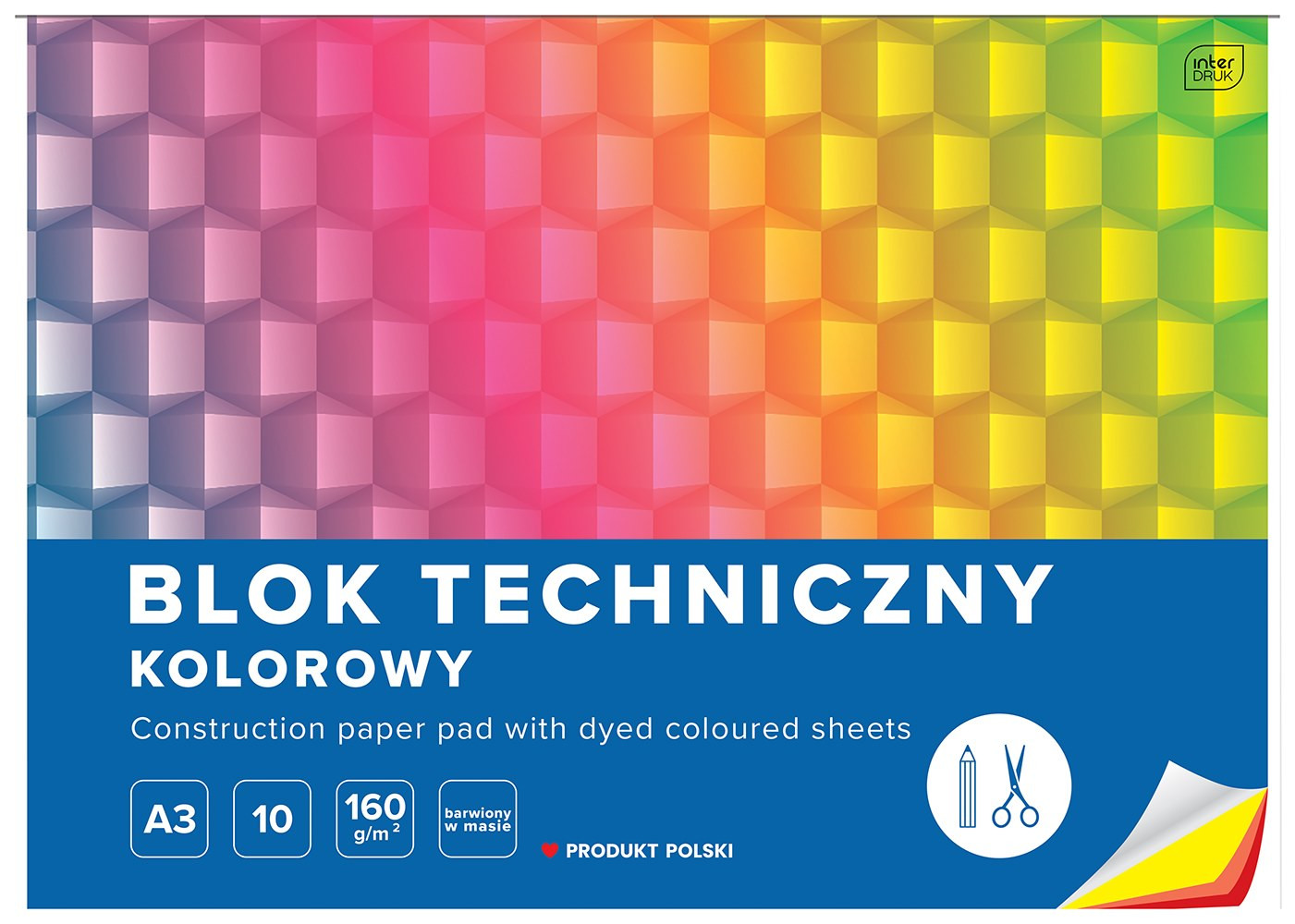 Blok techniczny A3, kolorowy, 160g, 10 kartek, Interdruk